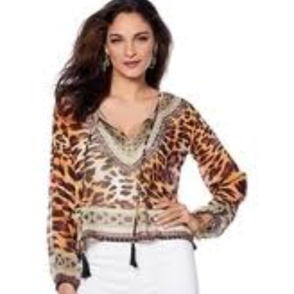 ASA Kaftans Leopard Print Sheer Tassel-Tie Tunic